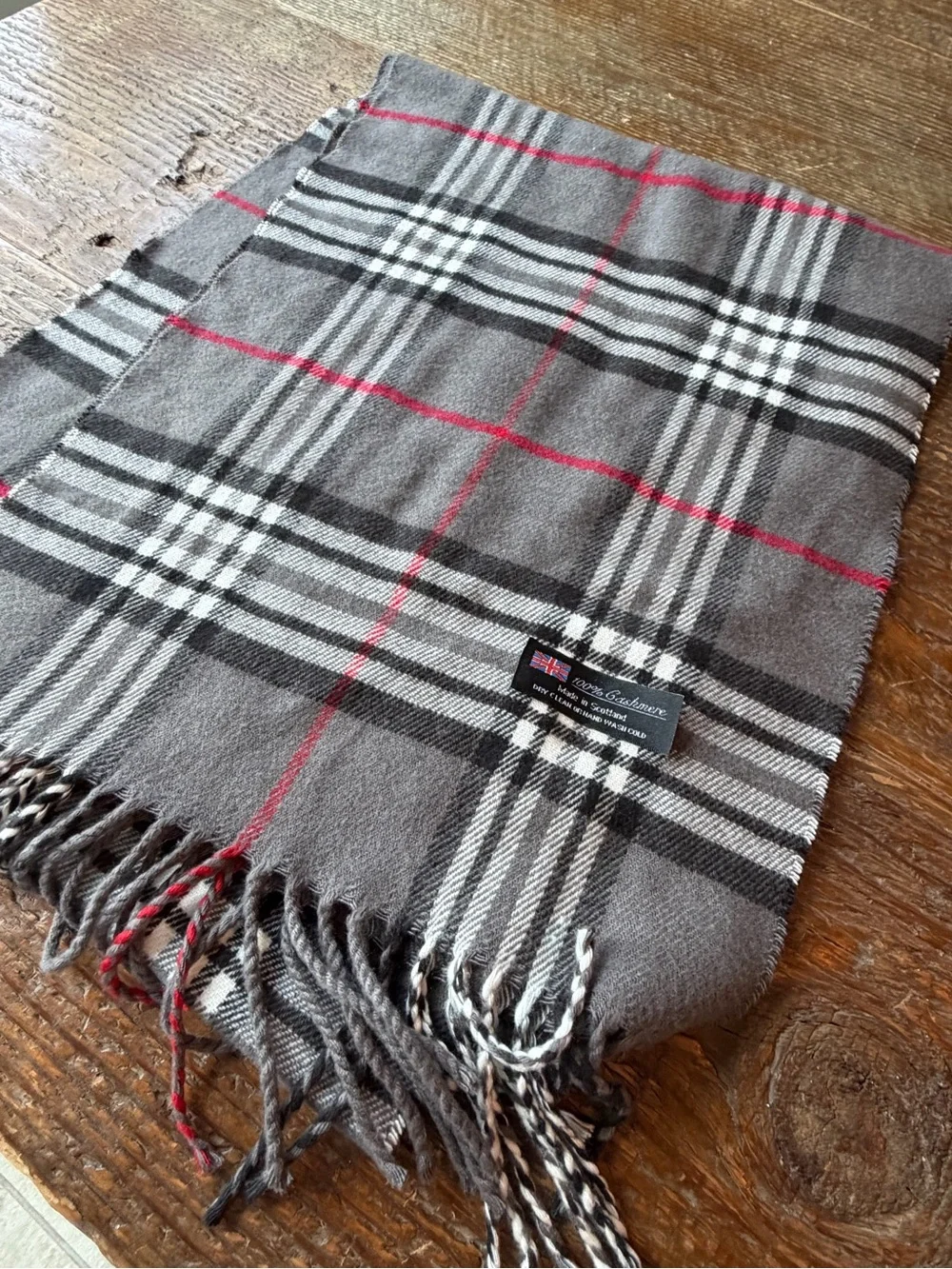 Men's Gray Plaid Cashmere Scarf with Red Windowpane - Unbranded
